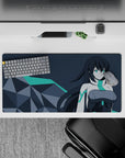 Teal-eyed anime girl mouse pad 32x16 inches in cool white and charcoal tones, modern mysterious vibe.