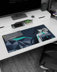 Large anime girl mouse pad 32x16 inches featuring original teal-eyed heroine in flowing hair and sleek suit.