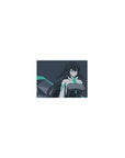 Classic anime girl mouse pad 14x10 inches with teal-eyed heroine, sleek suit, and polygon rock accents.