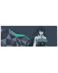 Anime girl mouse pad 32x12 inches with sleek white-charcoal suit heroine and polygon rock accents.
