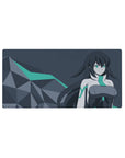 Anime girl mouse pad 32x16 inches with cyber-future heroine, polygon rocks, teal accent, sleek suit art.