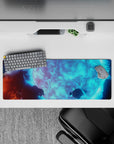 Cool aqua glow desk mat with deep space shadows and calm neon lightning vibe 32x12 inches mouse pad.