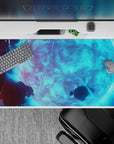 Cool aqua glow desk pad with soft lightning neon and calm space vibe, 40x20 inches.