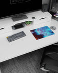 Hand-drift across an icy-blue moon in a cloud-wrapped space scene with neon arcs classic mouse pad 14x10 inches.