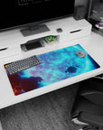Giant icy-blue moon with swirling clouds and floating rocks scene mouse pad 32x16 inches.