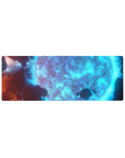 Giant icy-blue moon with swirling clouds, neon arcs, and floating rocks 32x12 inches mouse pad.