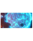 Icy-blue moon and neon arc space design desk mouse pad 32x16 inches.