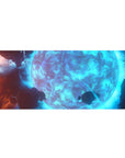 Icy-blue moon and neon arc space desk pad, 36x16 inches, with cloud textures and floating rocks.