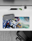 Anime mouse pad 28x12 inches in blue city glow with deep navy hair, gold accents, and high-action energy.