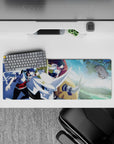 32x12 inches anime mouse pad in blue city glow, deep navy hair, gold accents, bold shadows, focused mood.