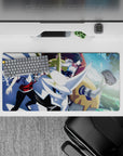 32x16 inches anime mouse pad in blue city glow with navy hair, gold mech accents, bold shadows, focused mood.