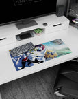 Anime mouse pad 28x12 inches showing two uniformed riders gripping a horned white mech with wind lines.