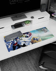 32x12 inches anime mouse pad showing two uniformed riders gripping a white horned mech with wind lines.