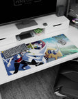 36x16 inches anime desk pad showing two uniformed riders gripping a white horned mech with wind streaks.