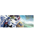 32x12 inches anime mouse pad with two riders on a sleek white horned mech, dynamic action city backdrop.