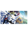 32x16 inches anime mouse pad with two riders on a white horned mech, city lights, dynamic action lines.