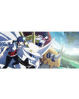 Anime desk pad 36x16 inches with two riders on a sleek white horned mech over blue city lights.