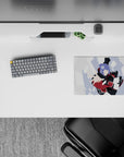14x10 inches classic anime mouse pad in black and red with lavender hair, white paper, cool gray sky.