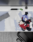 40x20 inches anime desk pad in inky black and deep red with lavender accents, cool gray, calm-to-intense vibe.