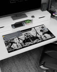 Modern 32x16 inches mouse pad with battle-worn Evas, high-contrast monochrome design for a striking, intense Evangelion look.