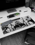 Artistic 36x16 inches mouse pad with a monochrome, high-contrast design of battle-worn Evas, perfect for fans of Evangelion's intensity.