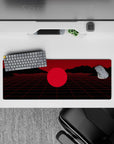 Immersive 32x12 mouse pad features minimalist mountains and crimson tones for vaporwave-inspired style