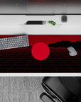 Striking 36x16 desk pad highlights crimson tones and geometric precision for bold vaporwave enthusiasts