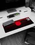 Small but impactful 32x12 mouse pad showcases Crimson Grid Mirage's glowing sphere and gridlines in detail