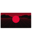 Crimson Grid Mirage mouse pad 32x16 featuring red gridlines and distant mountains for dynamic gaming setups