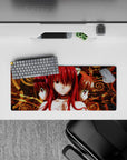 28x12 inches anime mouse pad in bold crimson and molten gold, smoky ink texture, mystic calm mood.