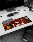 Three cat-eared redheads in a quiet trio on an anime girl mouse pad 32x12 inches, staring forward.