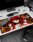 40x20 inches desk pad showing a quiet trio of glossy-eyed red-haired catgirls staring forward in unison.
