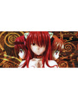 36x16 inches anime girl desk pad with three red-haired cat-eared girls and ornate gold spiral frame.