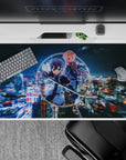 Anime mouse pad 40x20 inches featuring Kirito and Asuna in neon and indigo tones with a cyber-city background.