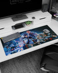 Anime desk pad 36x16 inches featuring Kirito and Asuna with neon and indigo tones against a cyber-city backdrop.