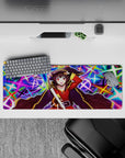 Megumin anime mouse pad 32x12 inches, vibrant colors from KonoSuba, featuring electric blues, hot pinks, and cosmic purples.