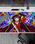 Megumin anime desk pad, 40x20 inches, from KonoSuba, vibrant colors, dynamic spellcasting scene, perfect for anime fans.