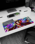 Megumin from KonoSuba anime mouse pad, 32x12 inches, vibrant scene with neon colors, glowing staff, and dynamic energy.