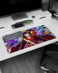 Megumin anime mouse pad 32x16 inches from KonoSuba, featuring vibrant neon colors and dynamic spellcasting scene.