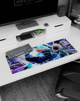 Artistic 32x12 inches mouse pad showcasing Satoru Gojo, with vibrant blues and purples conveying his unstoppable energy.