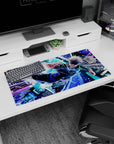 Modern 32x16 inches mouse pad with Satoru Gojo, featuring vibrant blues and purples that convey his unstoppable power and action.