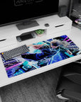 Artistic 36x16 inches desk pad with Satoru Gojo, featuring vibrant blues and purples, conveying his powerful, unstoppable energy.