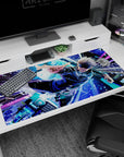 Large 40x20 inches desk pad with Satoru Gojo in action, capturing his intense energy and motion in vibrant blues and purples from Jujutsu Kaisen.