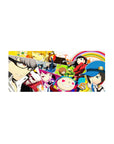 Persona 4 anime mouse pad featuring Yu, Chie, Yukiko, and Teddie in vibrant colors, size 28x12 inches.