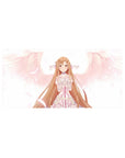 Anime mouse pad 32x16 inches featuring Asuna from Sword Art Online, glowing in whites and pinks with a gentle smile.