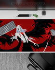 Ultimate Hollow form 40x20 desk pad with Ichigo Kurosaki's black wings, ghostly white skin, and glowing crimson veins, perfect for Bleach fans