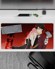 32x16 inches anime mouse pad in rich reds and burgundy, neon pink glow, romantic cozy vibes.