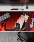 40x20 inches anime desk pad in rich reds and burgundy, warm romantic tension, neon glow eyes.