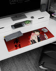 32x12 inches anime mouse pad featuring couple pose, black dress girl and boy holding flip phone, clean line art.