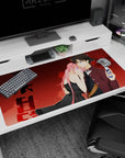 40x20 inches anime desk pad showing pink-haired girl in black dress, guy with flip phone in uniform.
